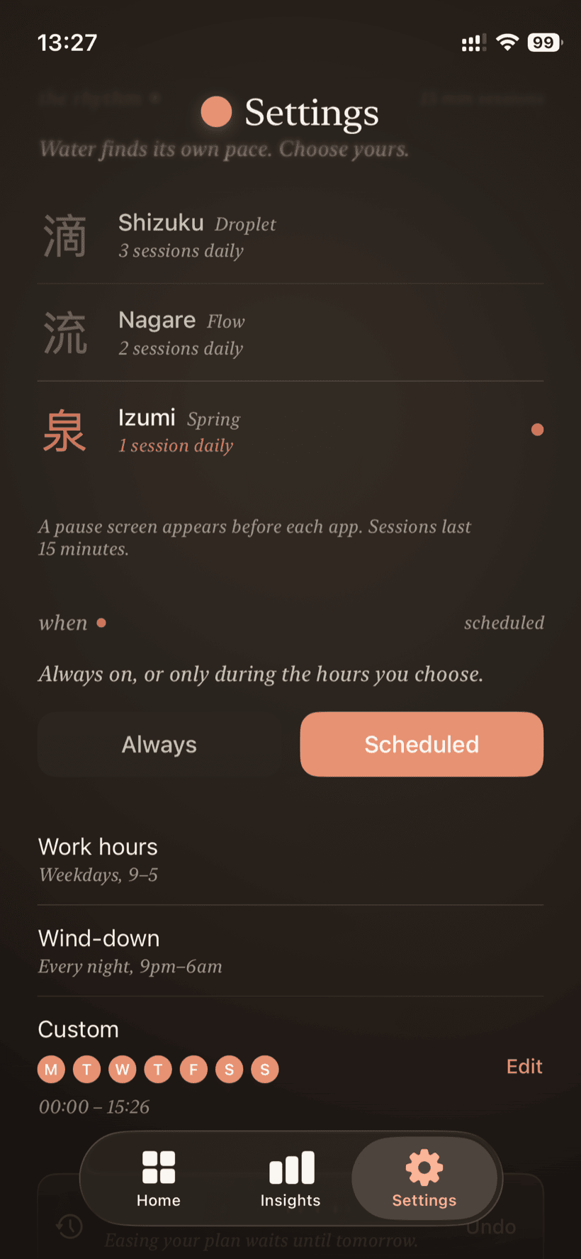 Mado's schedule: choose Always or Scheduled, with presets for weekday work hours, a nightly wind-down, and custom days and times