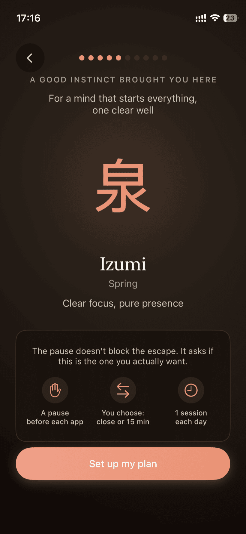The Mado pause window: close the app, or use it for fifteen minutes